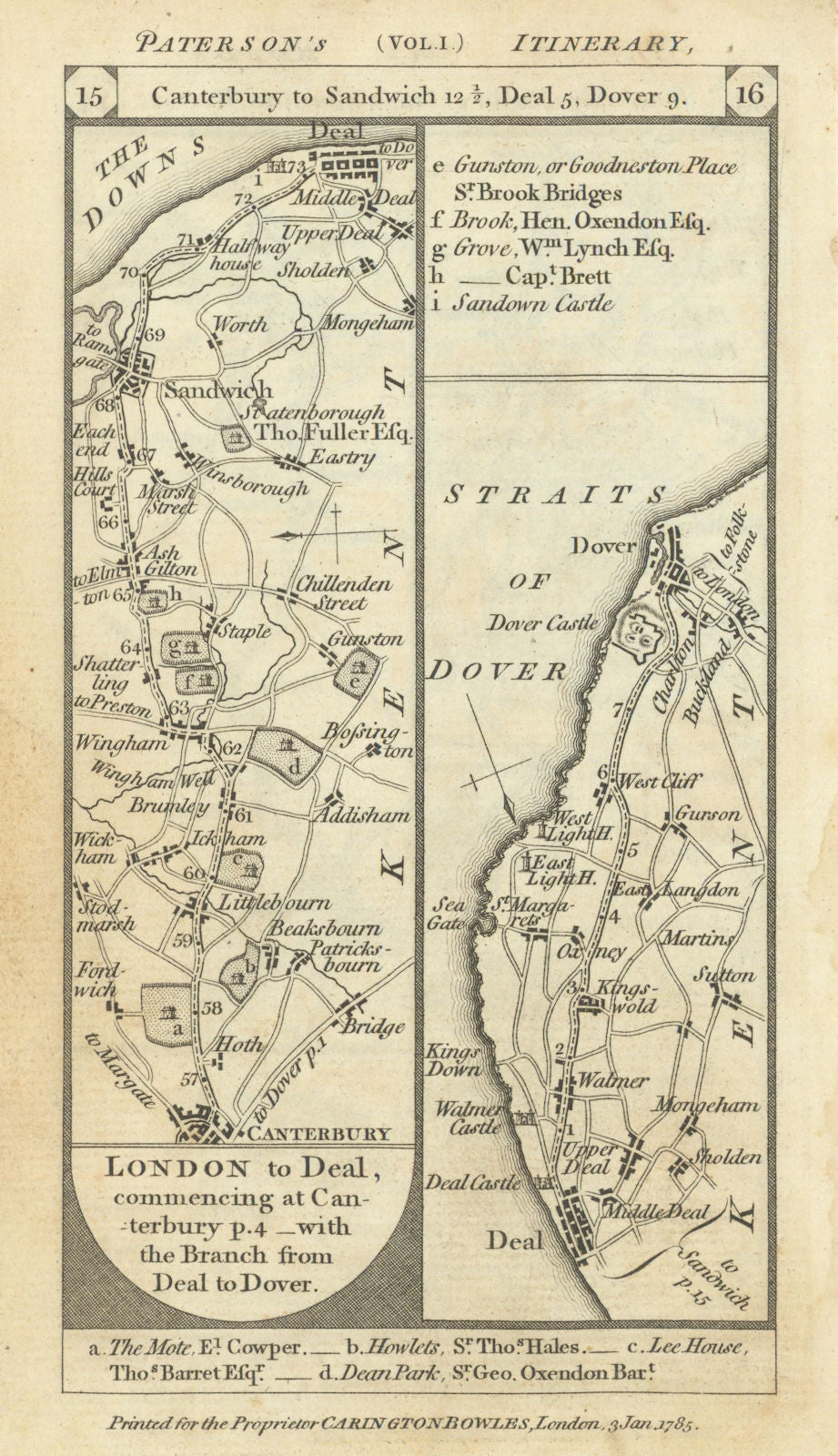 Canterbury - Sandwich - Deal - Dover road strip map PATERSON 1785 old